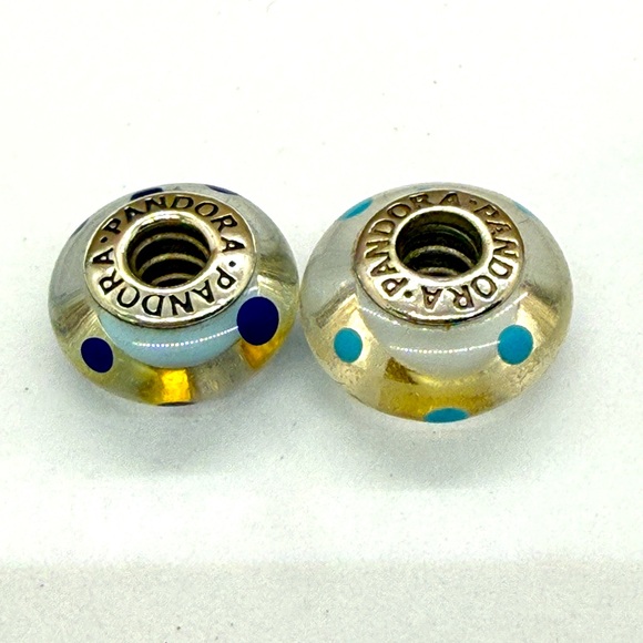 Authentic Pandora ALE 925 Murano Glass Charm Pair – Retro Blue Polka Dots - Picture 1 of 5